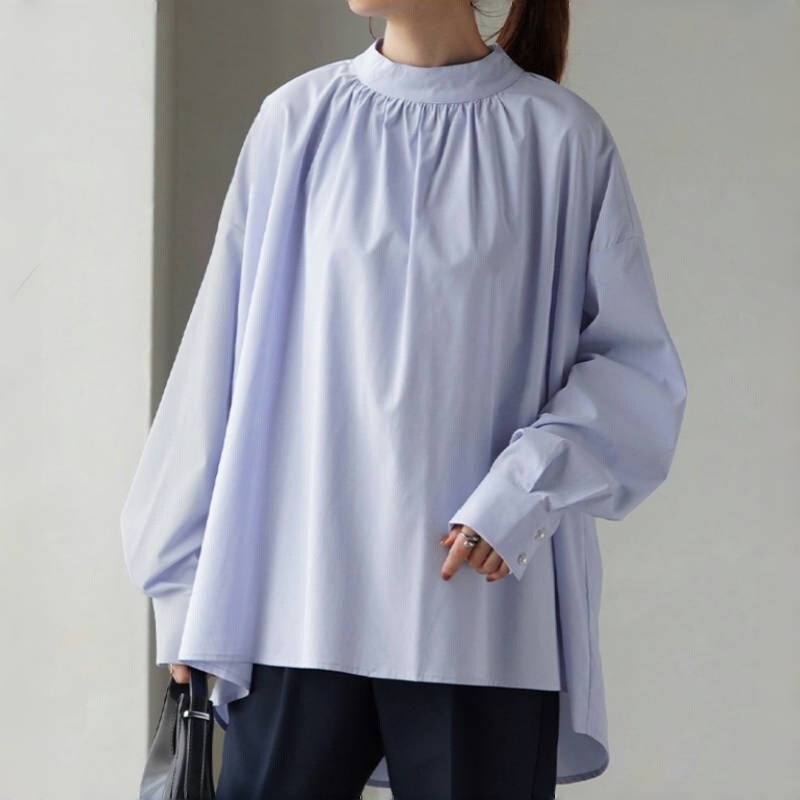 Autumn and Winter New Japanese Women's Clothing Simple Casual Half-high Collar Solid Color Pullover Dovetail Lantern Sleeve Shirt