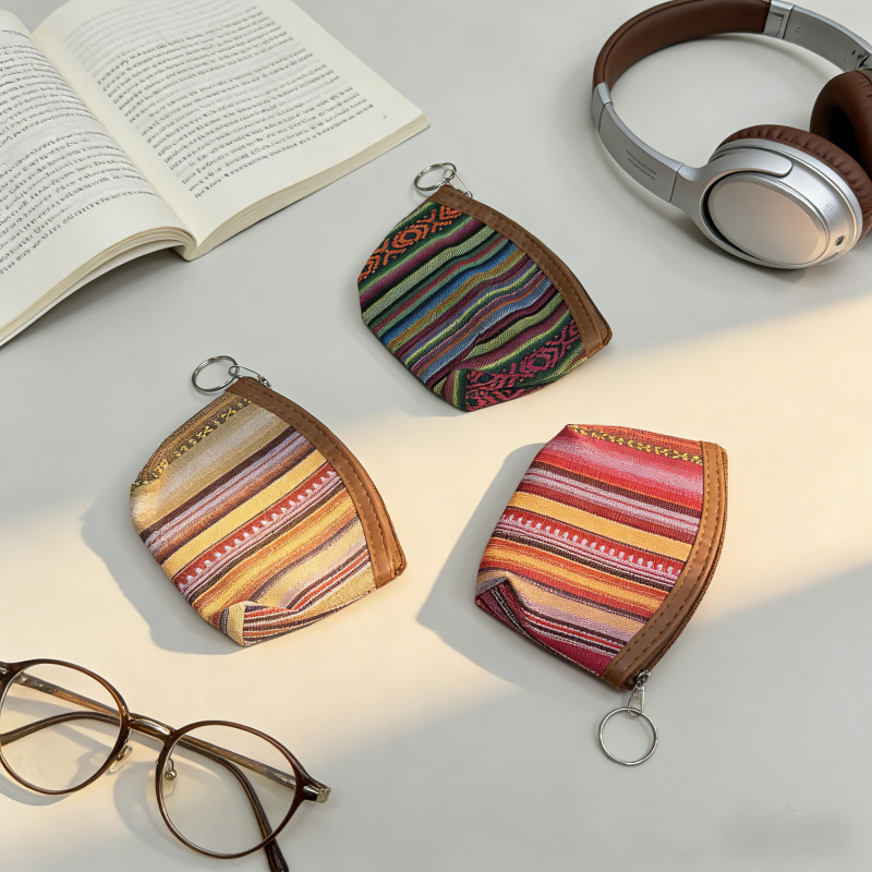 Large Ethnic Style Women's Coin Purse with Zipper, Canvas Coin Purse, Women's Fabric Mini Coin Purse