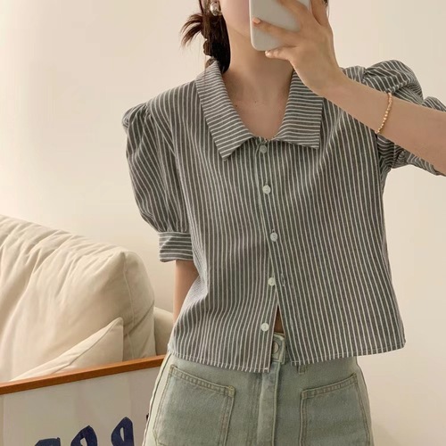 Women's Short Sleeve Plaid Button-Down Collar Shirt from Korean Instagram