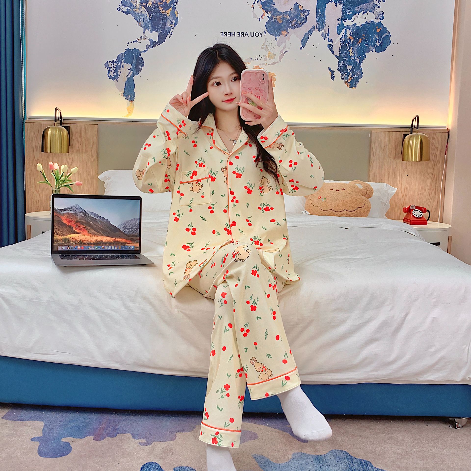Pijamas al por mayor transfronterizos de mujeres otoño invierno manga larga princesa de dibujos animados de ternilla viento red roja cardigán otoño invierno ropa de hogar se puede usar fuera