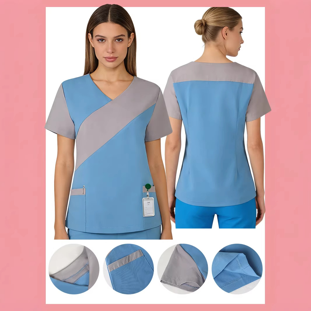 European and American Style Medical Staff Work Uniforms, Blue and Gray Color-Blocking Slim-Fit Scrub Tops, Suitable for Medical Beauty Front Desk and Beauticians, Customizable with Text