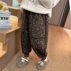 女小童加绒裤子秋冬新款炸街小女孩加厚豹纹裤儿童冬装休闲裤