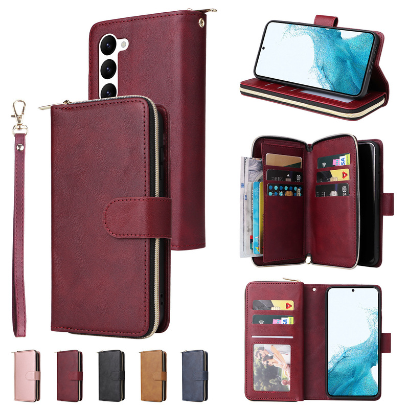 Foreign trade suitable for Samsung S24U ultra-thin nine card zipper iPhone16 card A55 wallet flip leather case