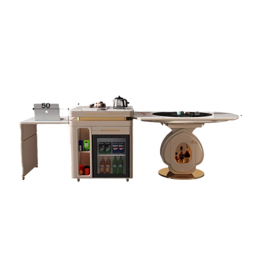Mesa de mesa de isla de roca Mesa de comedor retráctil Mesa redonda para el hogar Mesa giratoria inteligente minimalista moderna Combinación de mesa y silla de té multifuncional de lujo ligero