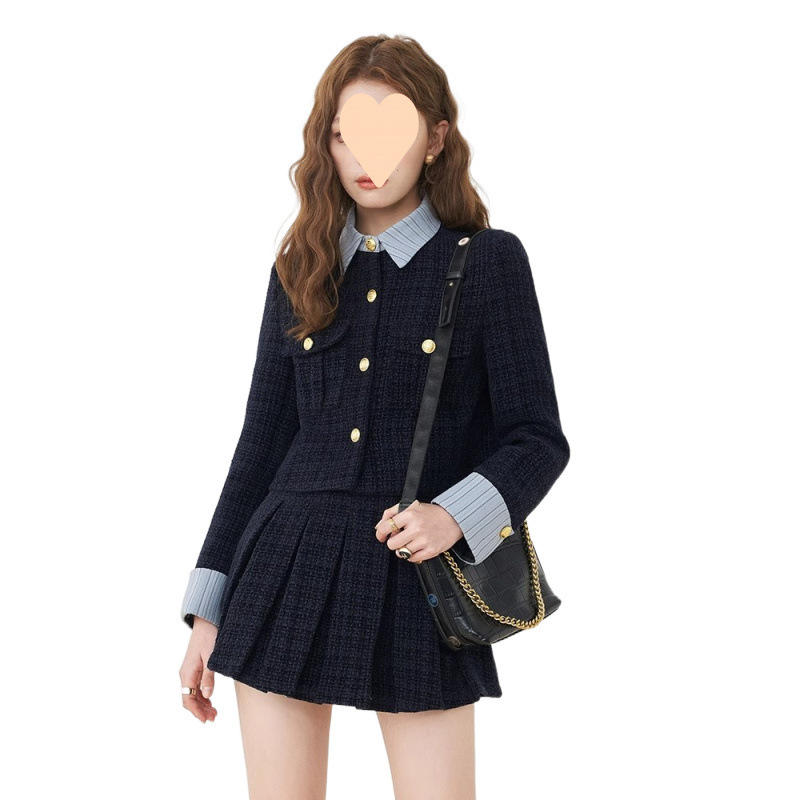 大码胖韩系小香风假两件短款外套+辣妹高腰百褶短裙显瘦两件套|undefined