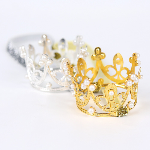 Wholesale European and American children's headwear, baby pearl crown, gold and silver alloy birthday headband, elastic smart band, crown hairband