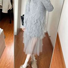 2025秋季新款法式网纱仙女裙灰色显瘦长袖优雅长裙冬季连衣裙精致