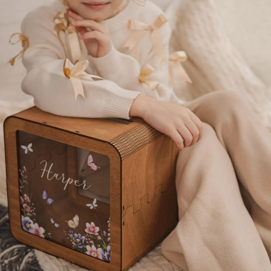 Caixa de ahorro de letras de madera caja de ahorro de letras de madera caja de ahorro de monedas transfronteriza caja de almacenamiento de monedas de niños caja de ahorro de letras transparente