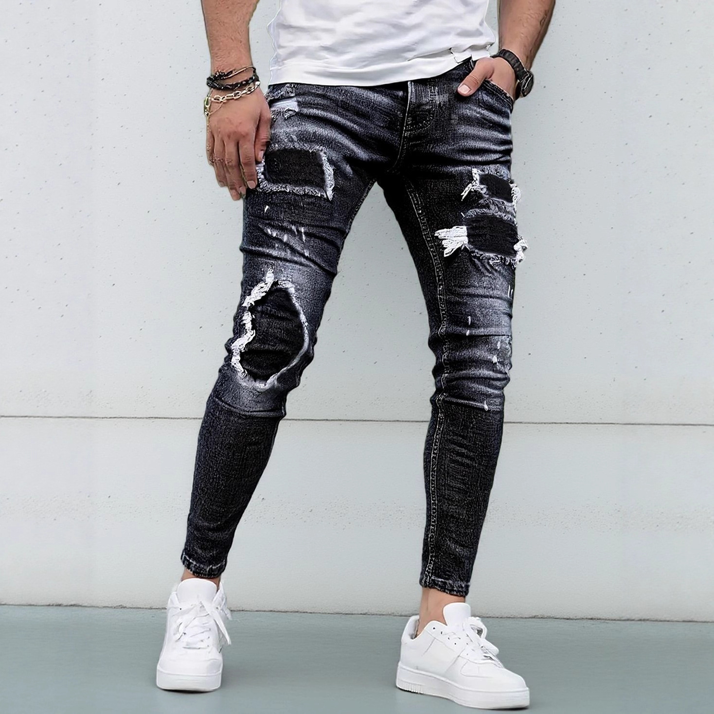 欧美风跨境爆卖重工水洗贴布男士弹力牛仔裤个性磨白做旧多色长裤