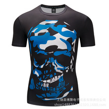 博聚3D印花速賣通短袖黑藍骷髏頭高彈力緊身衣運動男士T恤速干衣
