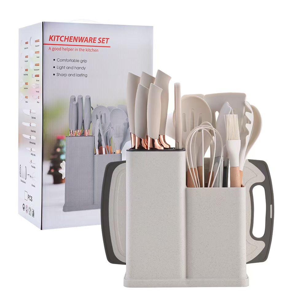 19 piezas de cubierta de cocina de silicona conjuntos de cuchillos conjuntos de combinación antideslizante anti-escaldado antiadherente pane con tablero de verduras conjunto de barril al por mayor image 5