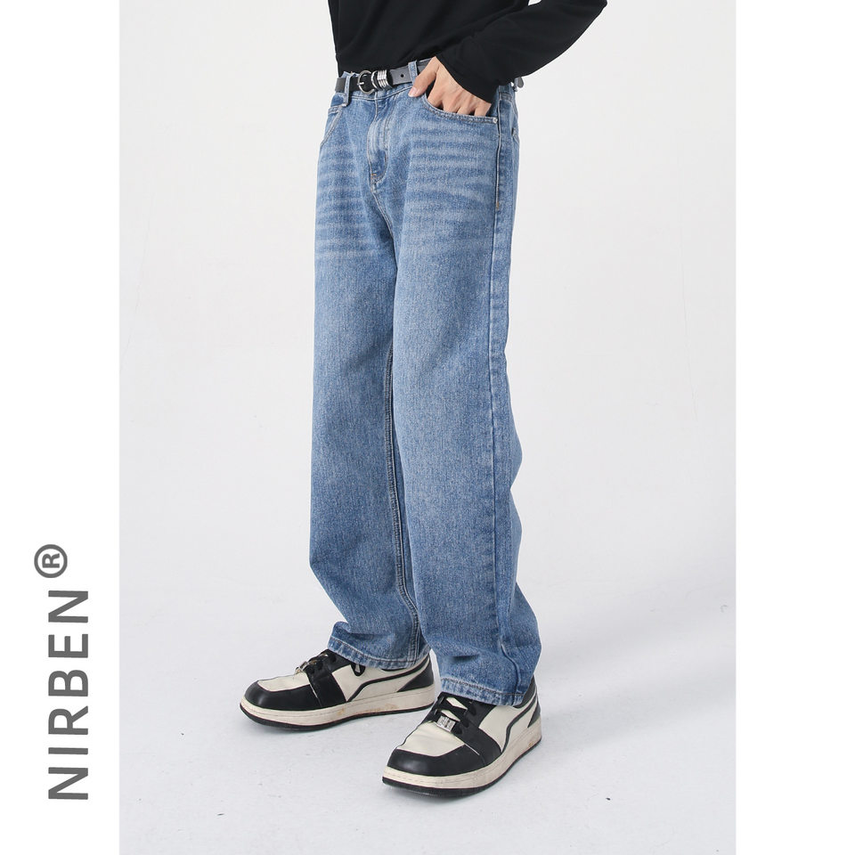 Quần jean nam ống thẳng lửng 9 tấc dáng rộng giặt wash phong cách Hàn Quốc — Màu đen, Denim xanh, Xanh lam đậm, Đen Xám