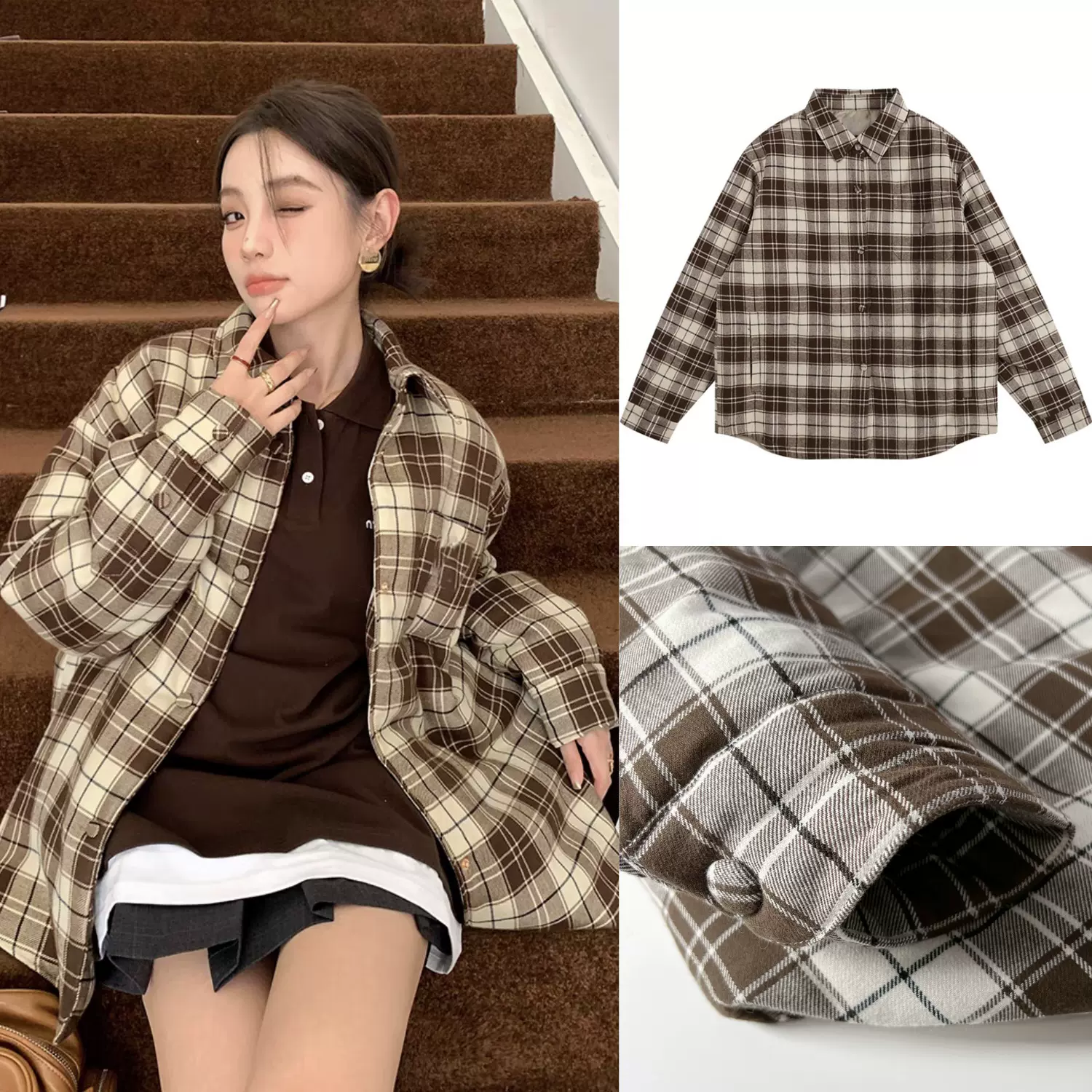【现货】25新款 单排扣 轻薄款翻领色织格纹衬衣式羽绒服外套女