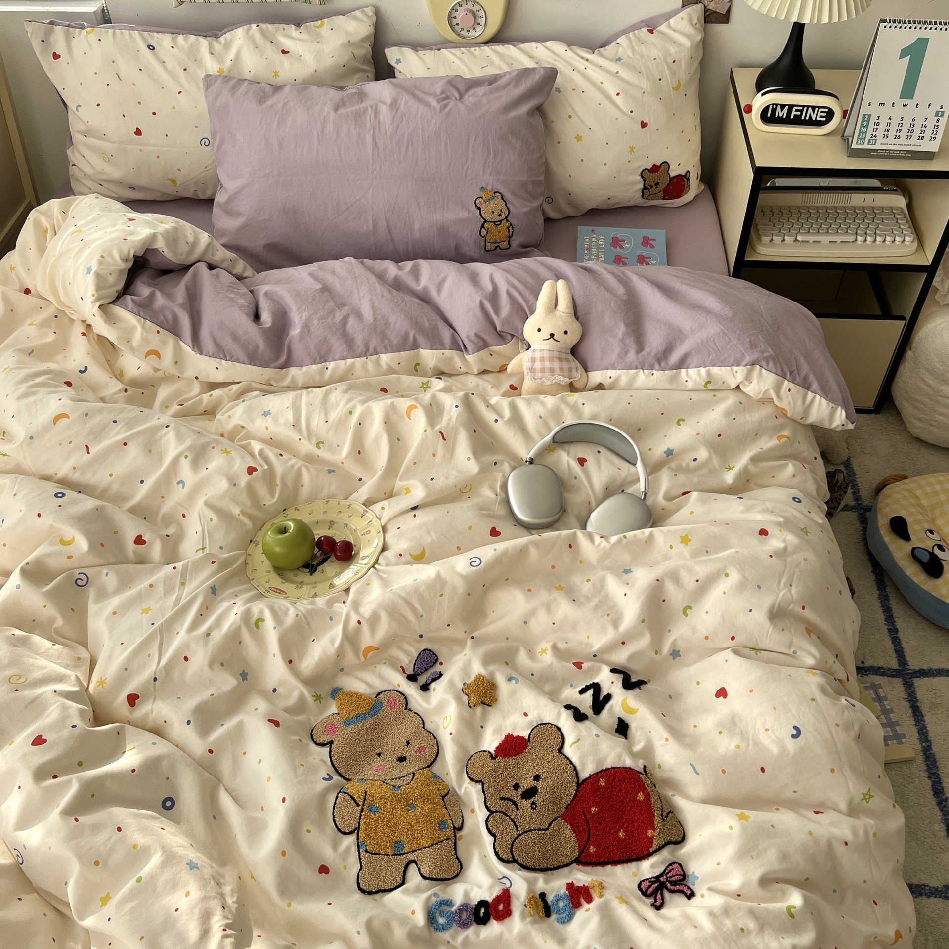 Two Little Bears [매우 부드러운 워시드 코튼/부드럽고 피부 친화적이며 보풀이 없음]