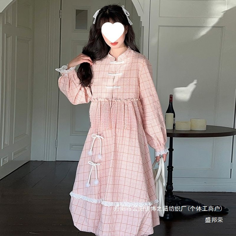 厂家直销粉色格子套装新中式泡泡袖上衣女花苞半身裙春秋两件套半|undefined