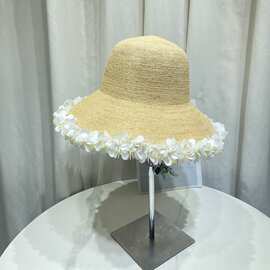 设计师款亮片拉菲草草帽女夏季时尚渔夫帽海边度假防晒遮阳沙滩帽