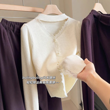 韩版挂脖镂空蕾丝拼接针织衫女2025秋冬新款修身长袖内搭打底上衣