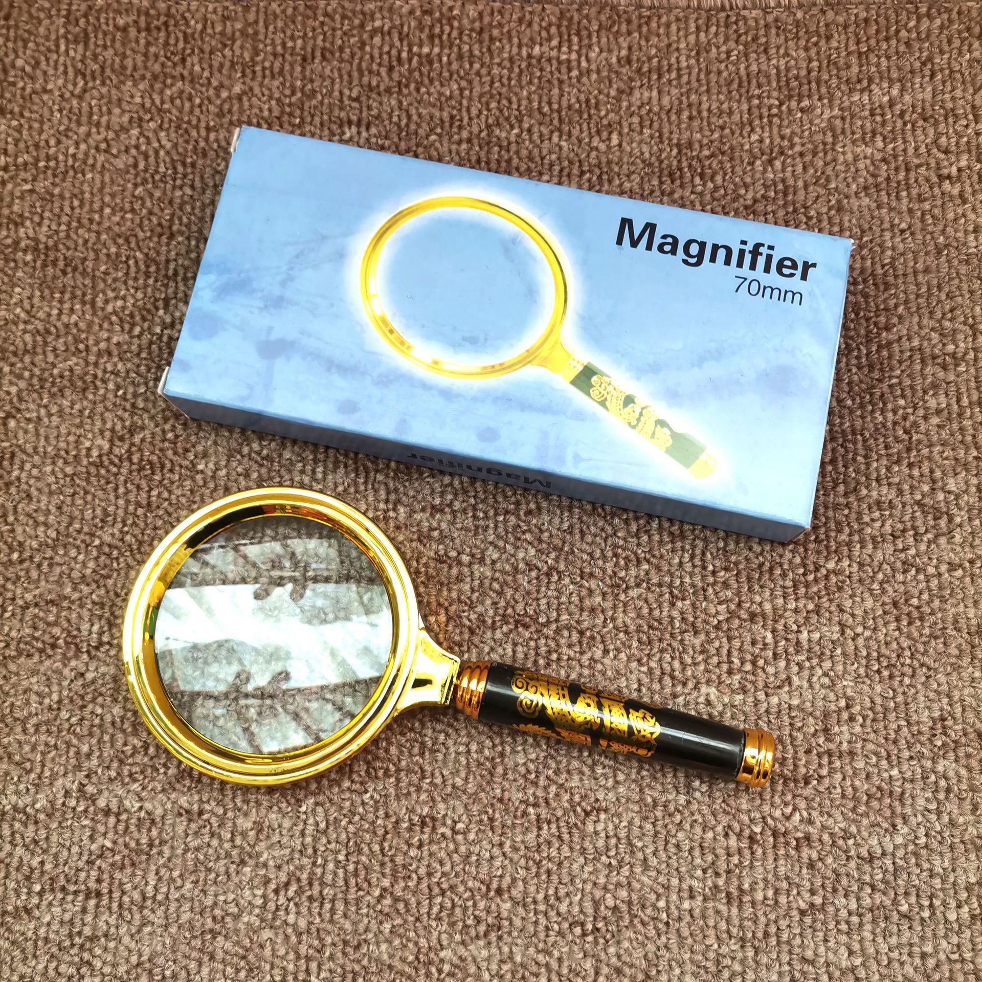 B41手持式金色龙纹手柄复古放大镜高清70mm老人阅读学生实验玻璃