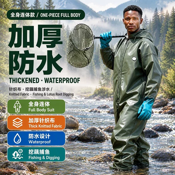 Full-Body Thickened One-Piece Wading Pants, Knitted Fabric Wading Pants, Rain Pants, Fishing Waterproof Pants, Leather Split-Leg Pants