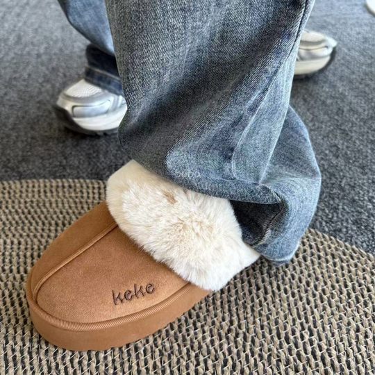 Keke Winter fleece-lined Thick Cotton Slippers Women's Non-slip Warm Wearing Household Slippers Winter Indoor Home Cotton Slippers