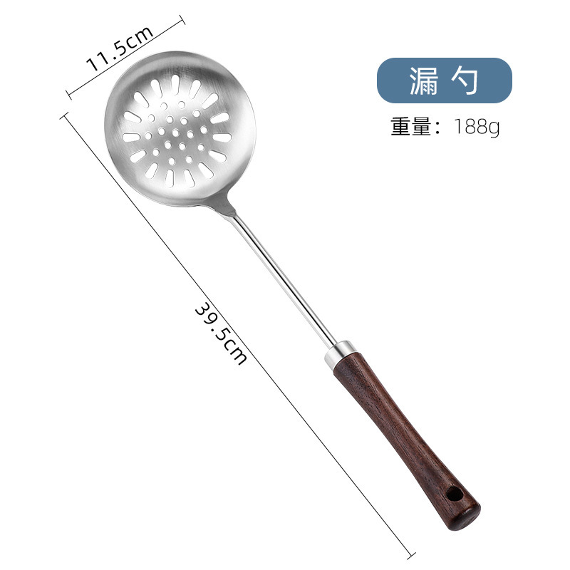 304 espátula de acero inoxidable cuchara de sopa al por mayor gran drenaje freír pala mango de madera utensilios de cocina Hotel no-Pala de freír magnética al por mayor