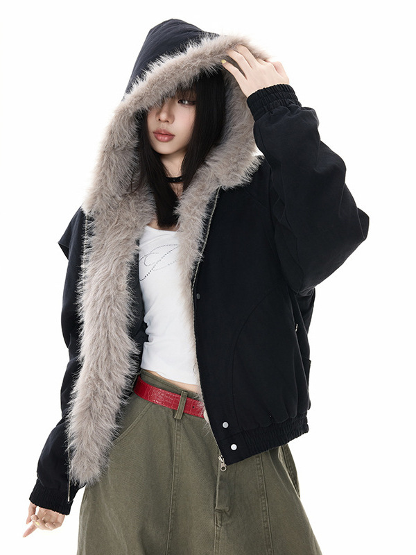 冬季美式棉服中性外套夹棉帆布水洗男女情侣装厚毛领连帽中长棉衣|undefined