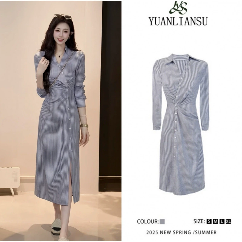 Французское ретро темперамент полосатая рубашка платье с опояской женское платье весна/лето новая рубашка платье 2025