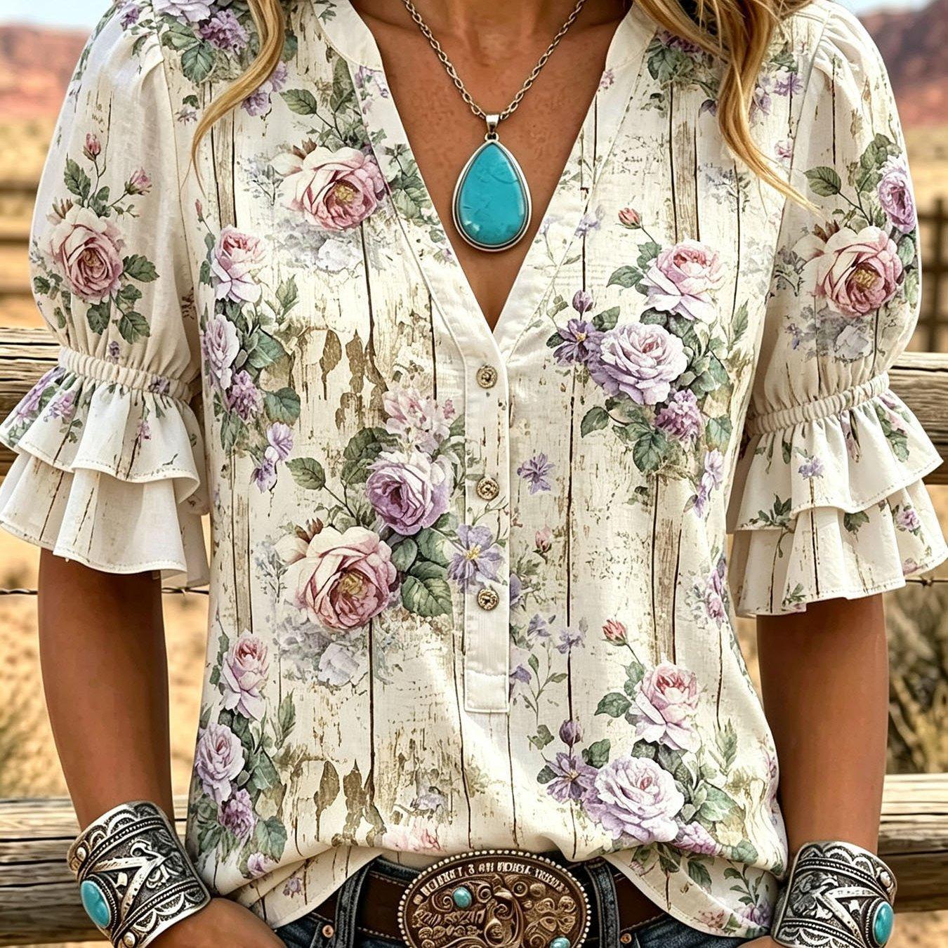 Transfronterizo exclusivo para camisas de impresión vintage mujeres sueltas de cuello en V de manga corta chaqueta bohemiana Europa y América nuevo transfronterizo image 13