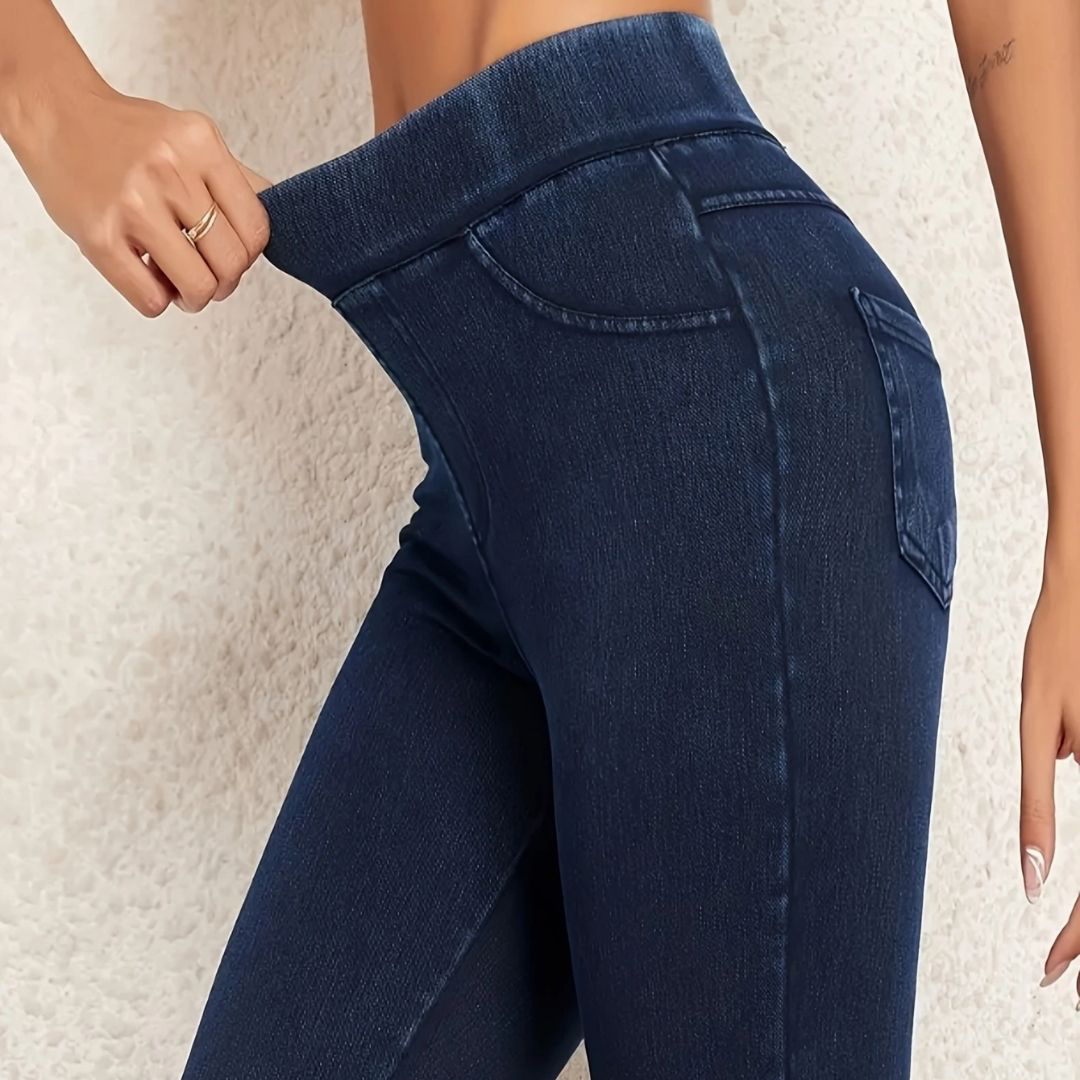 European and American High-Waisted Imitation Jeans for Women, Tight-Fitting, Slimming Look, Butt-Lifting, Tummy-Tightening, Elastic Outer Wear, Double Flap Pocket Pantss, Fitness, Leisure, Yoga