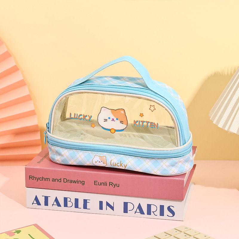 Cartoon Sanrio estuche para lápices estilo ins portátil de doble capa transparente de gran capacidad lindo bolso de papelería tridimensional Kulomi