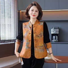 新中式妈妈装秋装套装国风马甲外套中老年女装春秋金丝绒唐装上衣