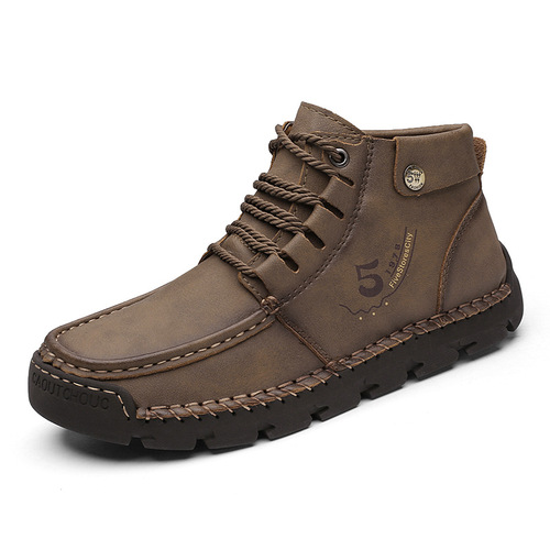 Men's Casual Shoes Korean Style High-Top Leather Boots Trendy Large Men's Boots Breathable Driving Shoes Fashion