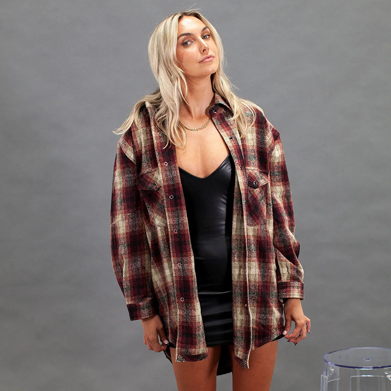 plaid shirt loose lapel shirt nihaostyles wholesale clothes NSHAO86545