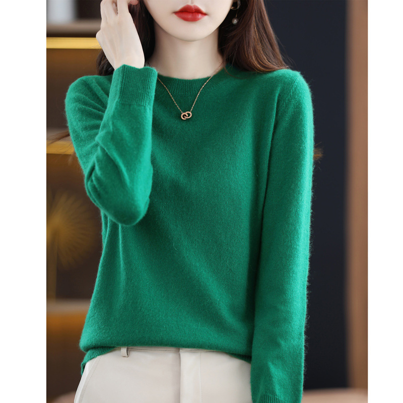 Otoño e Invierno 100% suéter de lana pura de las mujeres de cuello redondo Jersey corto de lana de manga larga suéter recto suéter a juego ropa exterior