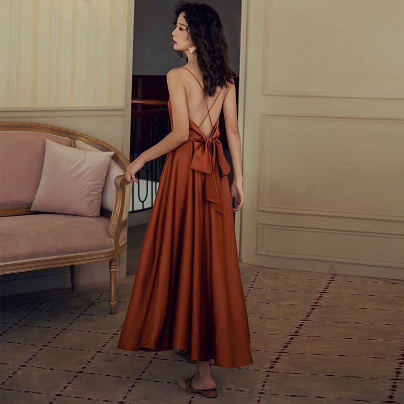 Beach Vacation Dress for Women, Summer Acetate Satin Cross Strap Sexy Backless Slip Dress Long Dress Fairy Style