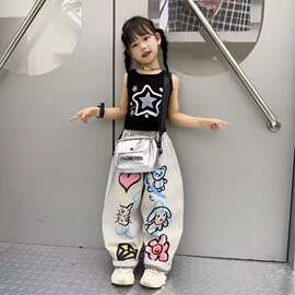 背心套装宽松2026儿童牛仔裤新款韩系女童阔腿裤夏季小童涂鸦外穿