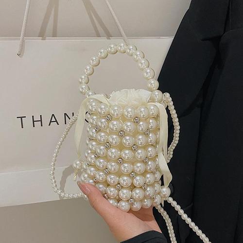 Purely handwoven bucket bag  new women's bag Korean version mini pearl bag hand-held shoulder crossbody bag cross-border
