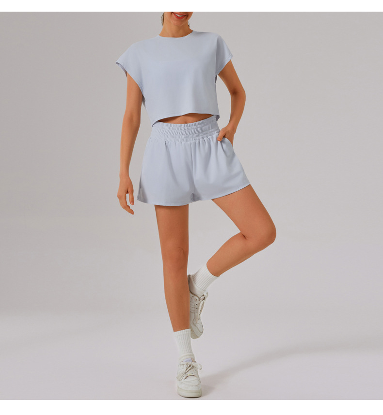Solid Color round Neck Quick Dry Short Sleeved Top Faux Two Pieces Anti Exposure Shorts Loose Sports Yoga Fitness Set