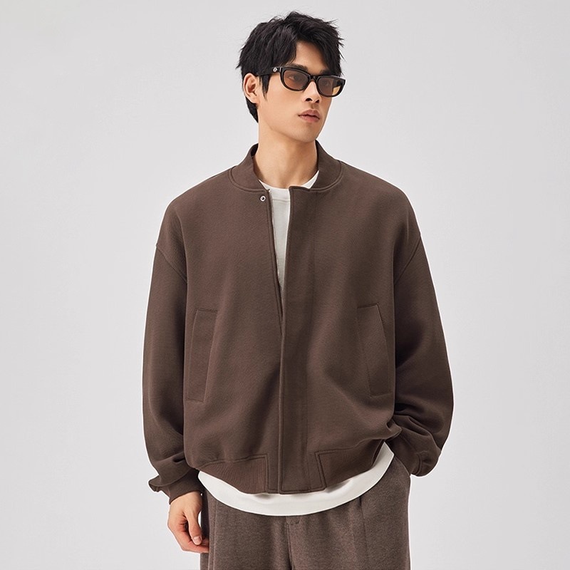 Leichte, luxuriöse Freizeitjacke, gestrickte Baseballjacke für Herren, schwarz, locker geschnitten_voghion.com