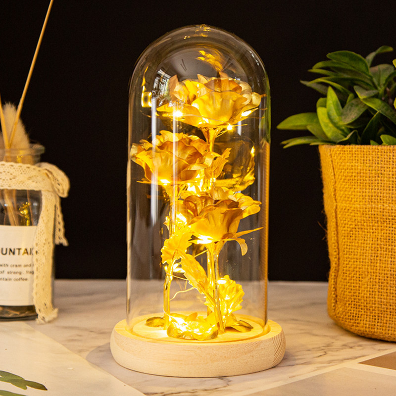 Tres cubierta de vidrio lámina oro rosa decoración amante creativo regalo del Día La Madre Flor Eterna LED luz noche Al Por Mayor