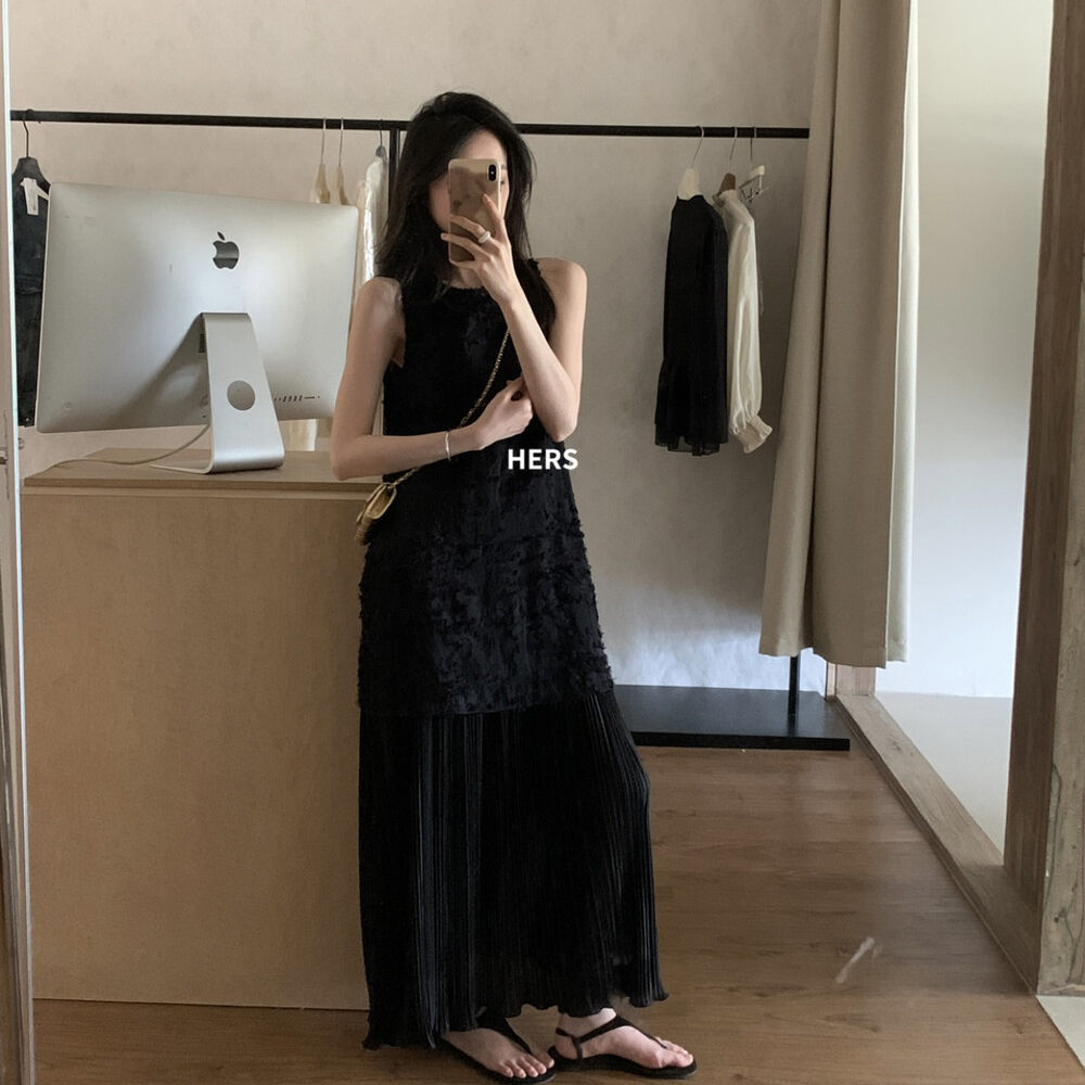 Đầm maxi nữ thắt eo cổ tròn không tay ren phối quý phái — màu đen, màu trắng