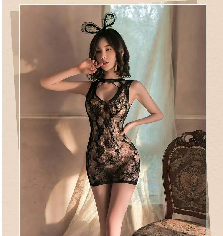 Feimu Women’s Fishnet Bodystocking with Open Crotch, One-Piece Lingerie, Black, One Size — detail image 9