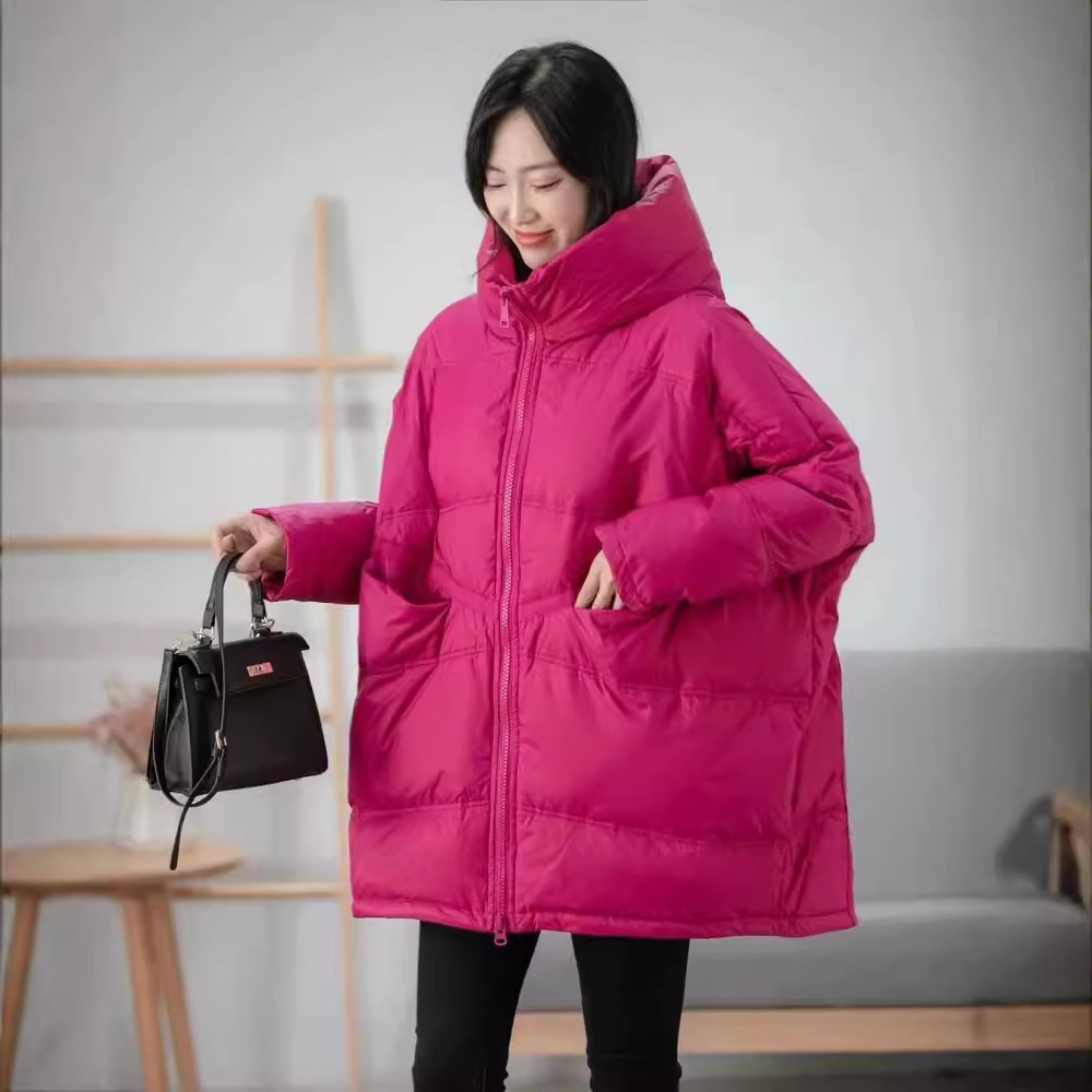 韩版宽松连帽中长款羽绒服女2024年新款休闲时尚纯色白鸭绒厚外套
