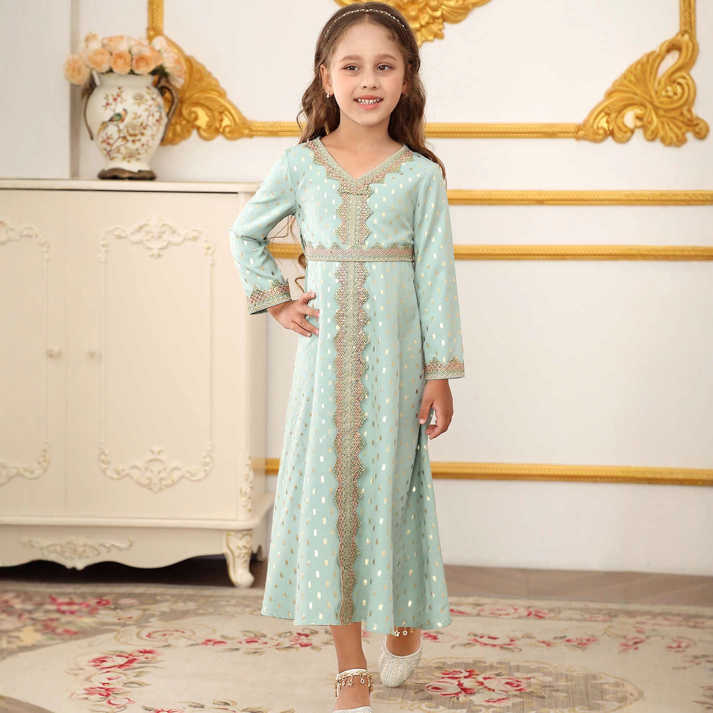 Dubai Mädchen Langarm Kleid Mit Druck Middle Eastern Style_voghion.com