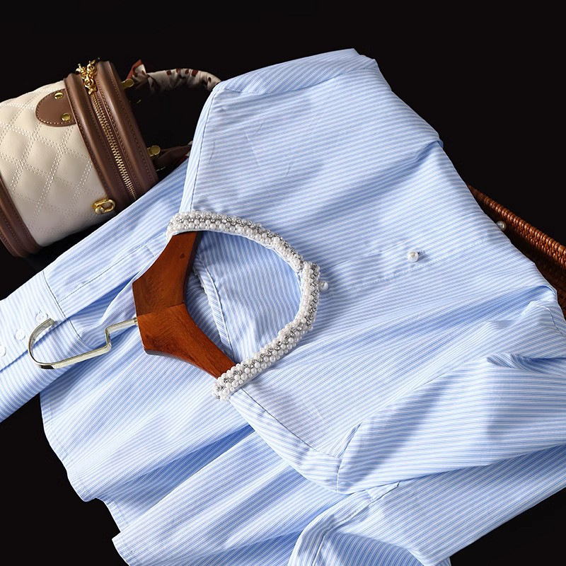 in stock Full Screen Pretty Handmade Pearl Rhinestone Trimmed Cotton Blue and White Striped Loose Long Sleeve Shirt