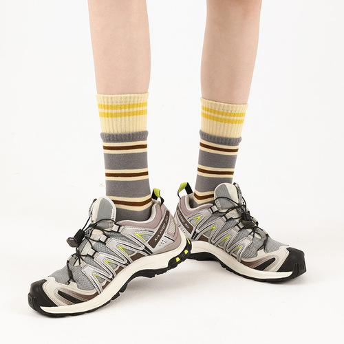 Brand Street Trend Colorful Striped Cotton Socks Women's Fashion Contrast Color Double-Rooked Cotton Student Mid-Tube Socks
