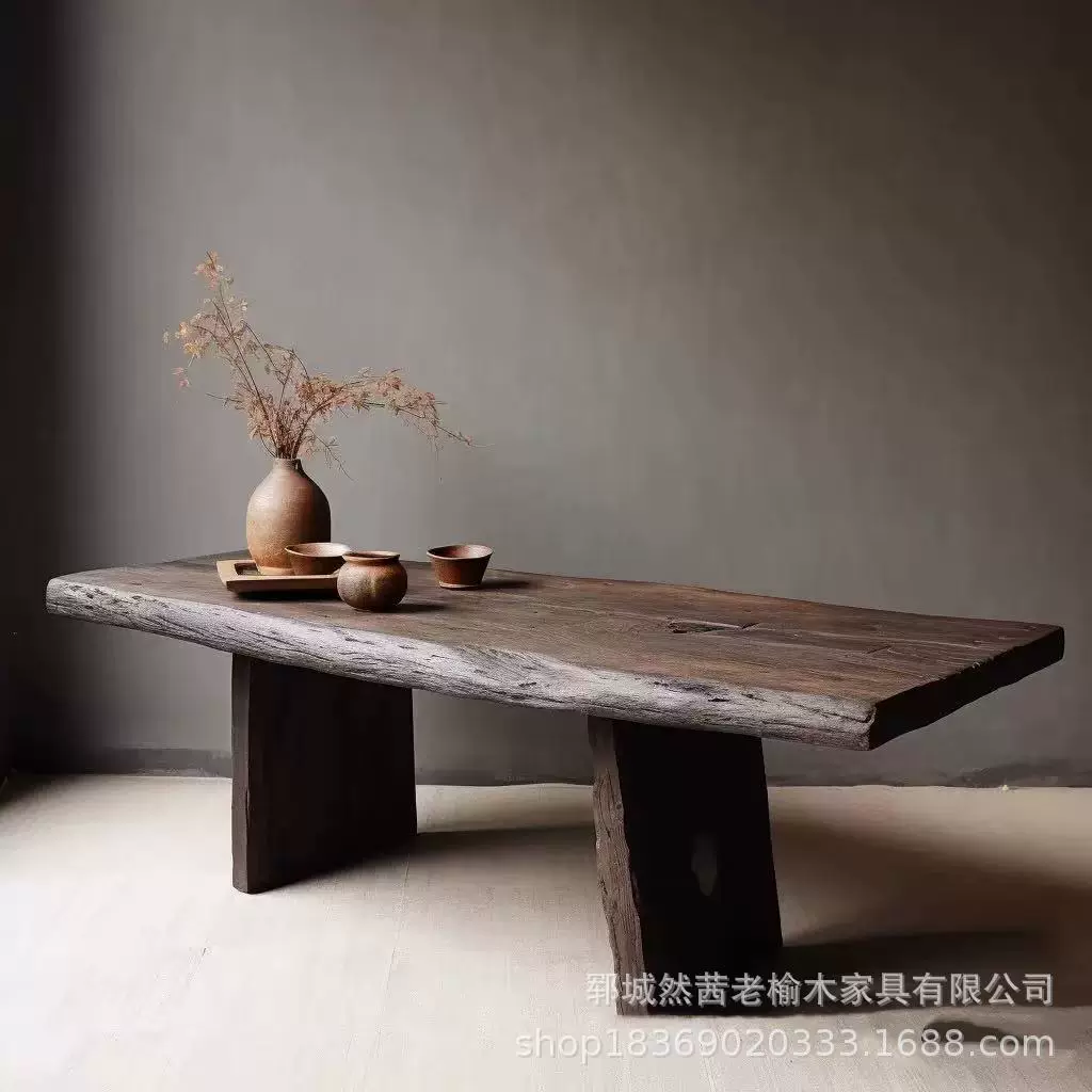 诧异风老榆木茶桌自然纹理长方形大板桌泡茶台实木办公待客桌餐桌