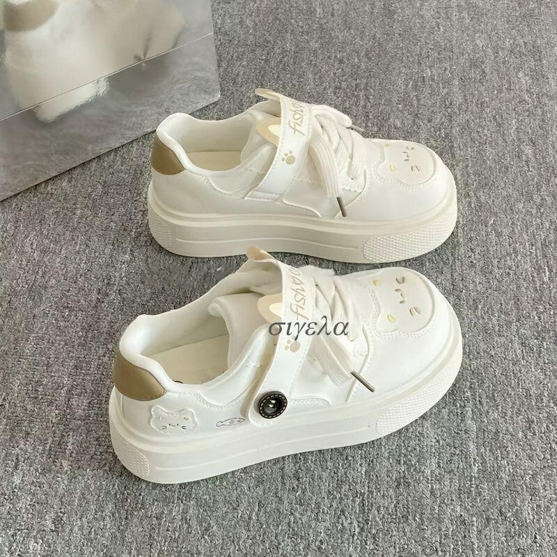 Cute Cartoon Cat Thick-Soled White Shoes for Women, Chic Niche Bread Shoes, Korean Style Campus Casual Sports Sneakers
