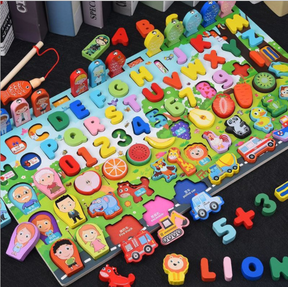Wooden nine -in -one puzzle number pair fishing animal pairing game…