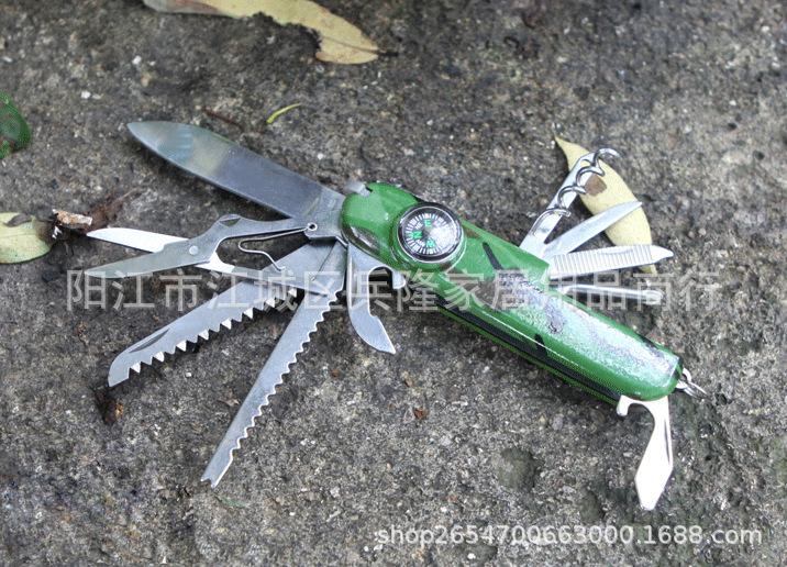 厂家直供折叠多功能11开小刀瑞士军刀指南针小刀 户外商务礼品